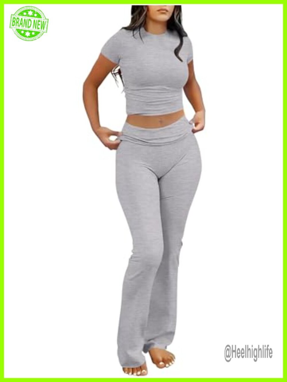 2 Piece Lounge Set Cropped Crewneck Top High Waist Flare Pants Slim Fit